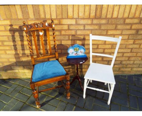 A mixed lot to include a good quality oak dining chair, a further chair painted white, small occasional table and a ceramic c