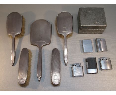 ART DECO SILVER TOILET SET OF FIVE PIECES, INITIALLED ERB, BY WH Ltd., BIRMINGHAM 1935 AND FIVE CIGARETTE LIGHTERS IN A PEWTE