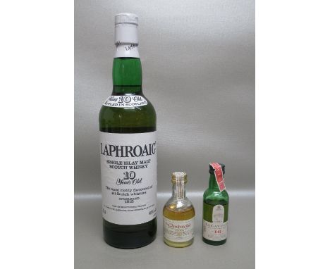 LAPHROAIG 10 YEAR OLD SINGLE MALT SCOTCH WHISKY, BOTTLED 1990's, 70cl, 40% vol., GLENKINCHIE 10 YEAR OLD, 5cl, 43% vol., LAGA