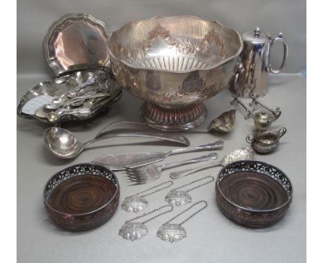 SILVER PLATED CIRCULAR PUNCH BOWL WITH LION MASK RING HANDLES AND LADLE (DIA: 32cm), PAIR OF PIERCED COASTERS AND OTHER ITEMS