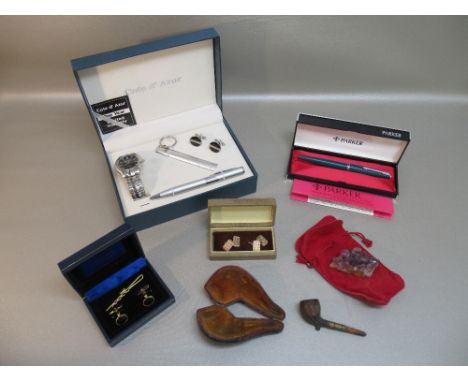 PAIR OF 9ct ENGINE TURNED RECTANGULAR CUFFLINKS, BY D&F, BIRMINGHAM 1947, PIPE, COTE D'AZUR WATCH AND CUFFLINK SET, GILT CUFF