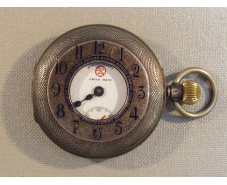 SWISS LADY'S HALF HUNTING POCKET WATCH WITH A WHITE ENAMELLED DIAL INSCRIBED "BROADWEST", SECONDS DIAL, IN A SILVER CASE
