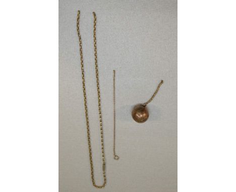 GOLD ENGRAVED SPHERICAL LOCKET CONTAINING A COMPASS AND A PORTRAIT AND TWO 9ct GOLD BROKEN CHAINS (10.2g OF GOLD) [3]