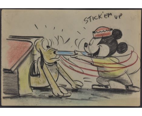 Art Work - Disney - a coloured sketch, Mickey Mouse and Pluto, 'Stick 'em up',   22cm x 15cm