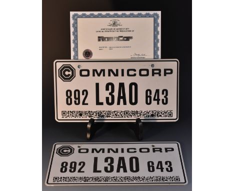 Movie Props - Robocop - a screen used prop, Omnicorp license plate set, with certificate