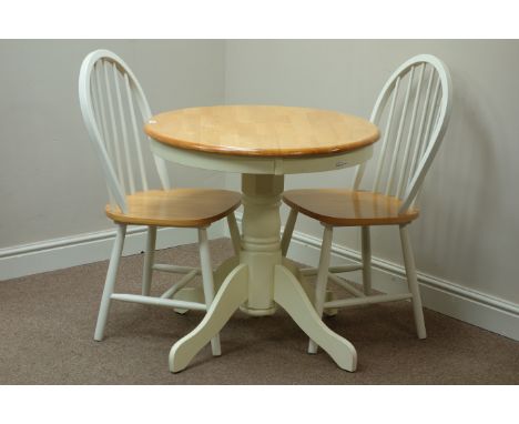 Light wood and painted circular pedestal table (D75cm73cm), and two stick and hoop back chairs Condition Report Click here fo