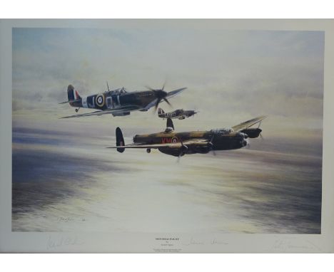 'Memorial Flight', colour print after Robert Taylor signed in pencil by veterans Johnnie Johnson, Leonard Cheshire and Peter 