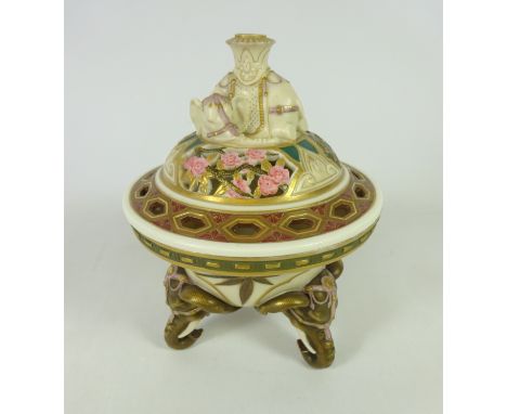 Late 19th Century Royal Worcester ivory ground pot-pourri vase with pierced cover with elephant finial and feet no. 301, date