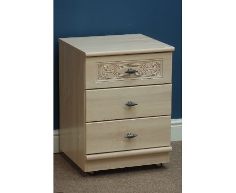 Light wood three drawer pedestal chest, W44cm, H61cm, D43cm
