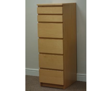 Light oak finish six drawer chest with hinged top, W41cm, H123cm, D49cm   Condition Report   Click here for further images, c