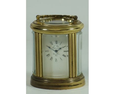 Small French oval brass carriage clock, enamel dial signed 'L'Epee', 11 jewel movement, H9.5cm CLOCKS & BAROMETERS - as we ar