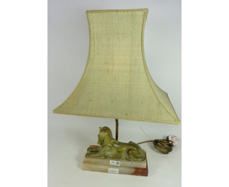 Art Deco style mid 20th Century brass Sphinx on alabaster base table lamp  (This item is PAT tested - 5 day warranty from dat