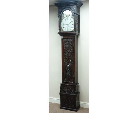 19th century carved oak longcase clock, bullseye glass glazed door aperture, painted enamel dial Lady with bow and arrow, sub