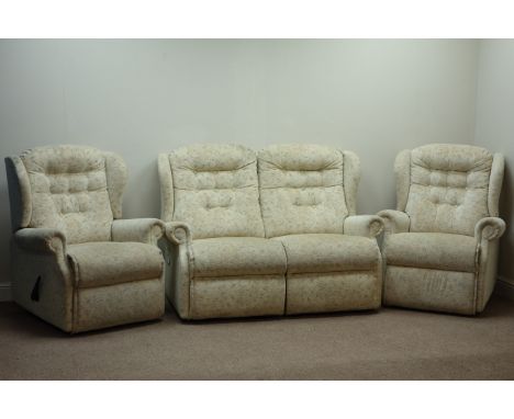 Two seat sofa (W140cm), pair matching manual reclining armchairs (W82cm), upholstered in beige floral fabric   Condition Repo