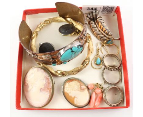 Turquoise set copper bangle, pair hallmarked silver black basalt cuff-links, cameo brooches, continental diamante leaf brooch