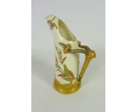 Royal Worcester tusk jug with gilt branch handle on ivory ground H15cm    Condition Report   Click here for further images, c