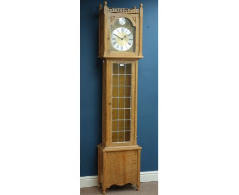 Craftsman made oak longcase clock, lead glazed door, with Tempus Fugit chiming movement, H202cm - no weights, no pendulum CLO