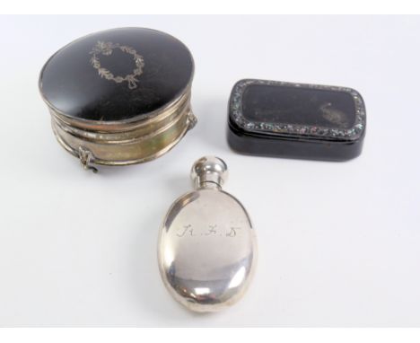 Silver and tortoiseshell box Bimingham 1917, small hallmarked silver flask and a papier mache snuff box   Condition Report   