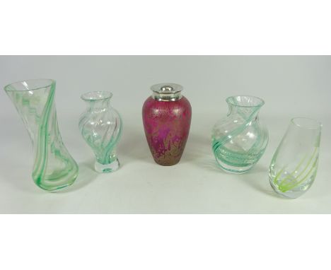 Brierley Studio red overlay glass vase with hallmarked silver neck and four Caithness glass vases (5)   Condition Report   Cl