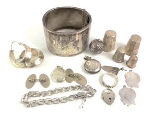 Jewellery stamped sterling, 925, Victorian hinged cuff bangle, thimbles etc in one box   Condition Report   Click here for fu