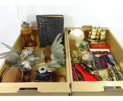 Pair of plated metal cockerels, brass knocker, Victorian photo albums, Vintage cameras and miscellanea in two boxes    Condit