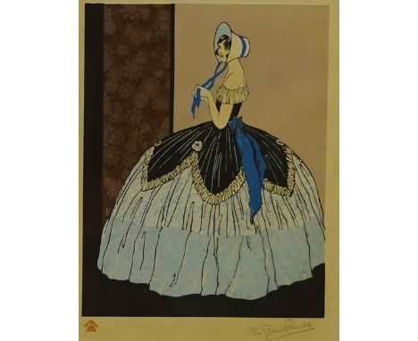 Lady in Blue Dress, limited edition woodcut colour print no.12/500 signed Gilbert Rumbold? 27cm x 20cm Condition Report Click