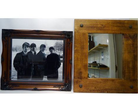 The Beatles, black and white photographic print 44cm x 54cm and modern wooden mirror 78cm x 68cm (2)   Condition Report   Cli