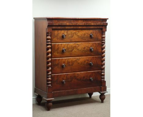 Victorian mahogany Scotch chest, four drawers and top frieze drawer, half barley twist pilasters, W121cm, H155cm, D57cm   Con