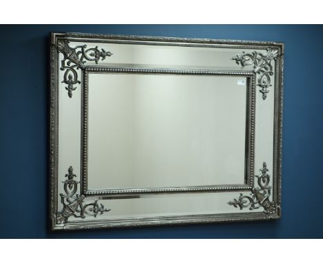 Large rectangular silver cushion framed wall mirror, bevelled glass, 121cm x 91cm    Condition Report   Click here for furthe