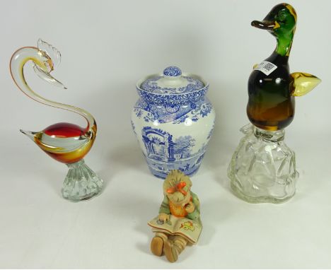 Venetian glass duck on decanter base, another art glass sculpture, Spode storage jar and a large Hummel figure (4)   Conditio