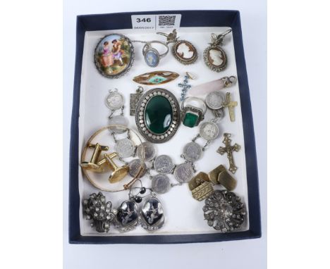 Enamel brooch, 10 cent bracelet, green onyx brooch, silver and costume jewellery in one box   Condition Report   Click here f