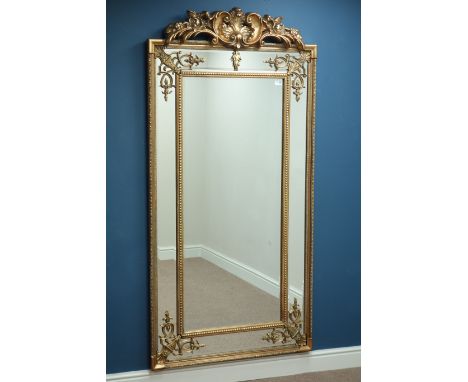 Large rectangular wall mirror in ornate gilt cushion frame with pediment, W92cm, H184cm   Condition Report   Click here for f
