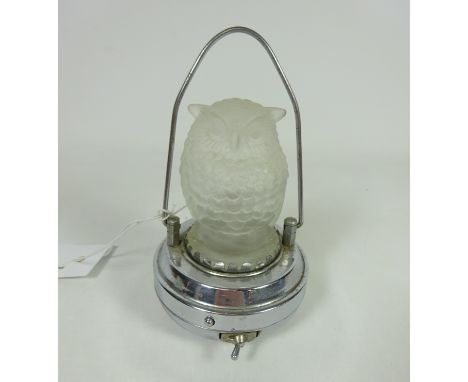 Small opaque glass and chrome Owl night light    Condition Report   Click here for further images, condition, auction times &