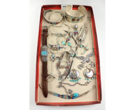 Collection of South West American enamel and turquoise jewellery and wristwatch stamped 925, sterling etc WATCHES - as we are