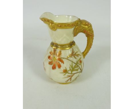 Small Royal Worcester jug with gilt elephant handle ivory ground H8.5cm   Condition Report   Click here for further images, c