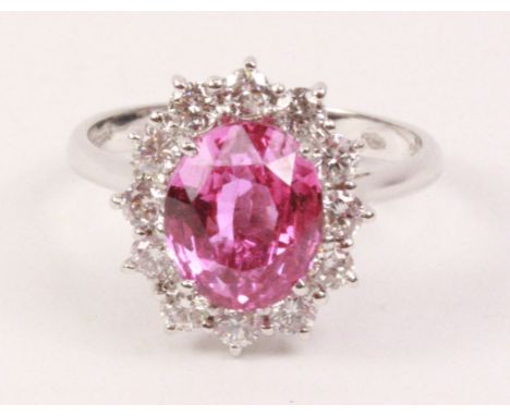 Pink sapphire and diamond white gold cluster ring hallmarked 18ct (sapphire approx 2.9 carat) Condition Report Click here for