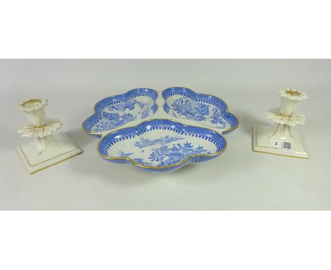 19th Century Royal Worcester Willow Pattern three section hors d'oeuvres dish with scroll feel, date mark 1884 and a pair of 
