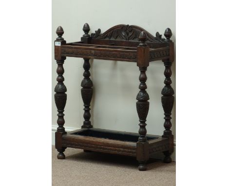 Early 20th century oak stick stand, carved detail, W61cm, H76cm, D30cm   Condition Report   Click here for further images, co