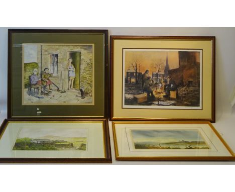 'Backyard Gossips', watercolour by Dora Hindle, Ravenglass Cumbria, watercolour by Arthur Craven, Men Gathered Around a Fire 