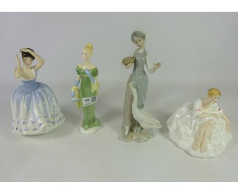 Three Royal Doulton figures and a Lladro figure of a girl with goose (4)   Condition Report   Click here for further images, 