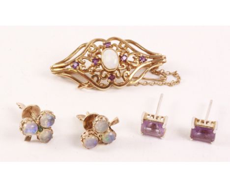 Hallmarked 9ct gold opal and amethyst brooch, pair of moonstone ear-rings and one other pair   Condition Report   Click here 