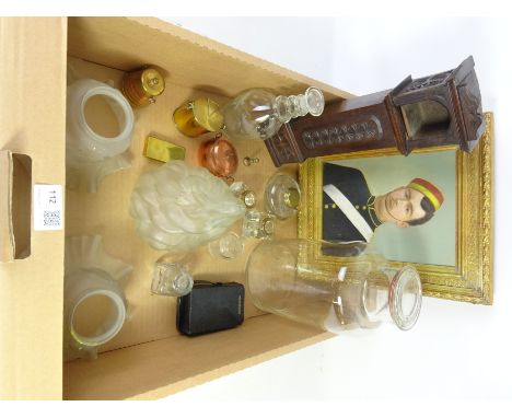 Novelty brass and copper inkwells, other inkwells, pair of glass shades, pocket watch stand, over painted portrait and miscel