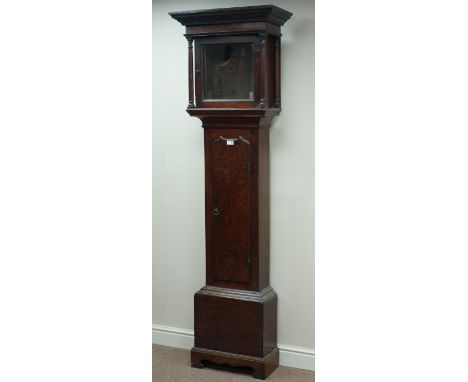 Georgian figured oak longcase clock case, shaped trunk door, square hood with cornice, turned supports, H201cm   Condition Re