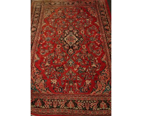 Large Persian Hamadan red ground rug carpet, interlaced floral field, 400cm x 296cm   Condition Report   Click here for furth