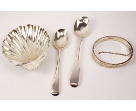 Hallmarked silver scallop shell dish, two spoons and a hinged bangle approx 3oz Condition Report Click here for further image
