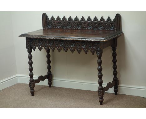 Early 20th century carved pine console side table, raised gallery back, on bobbin turned legs, W114cm, H99cm, D51cm   Conditi