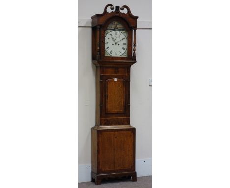 Early 19th century oak and mahogany with rosewood detail longcase clock, eight day movement, painted maritime scene, with sub