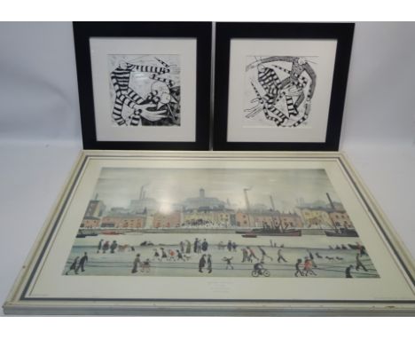 'Northern River Scene', 1962 colour print after L S Lowery pub. The Medici Society and pair of Abstract figures ink on paper 