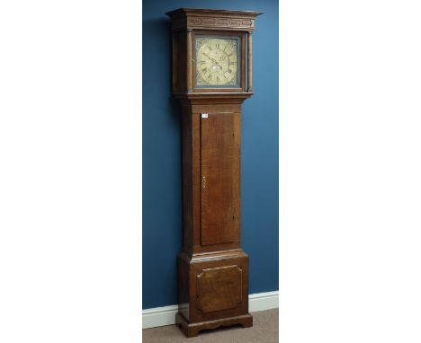 Georgian figured oak longcase clock, polished  brass dial signed 'Prew Tewks', engraved decoration, dial aperture, H196cm CLO