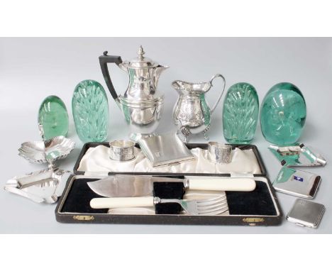 A Collection of Assorted Silver and Silver Plate, including match case, napkin rings, ashtrays, etc. together with four green